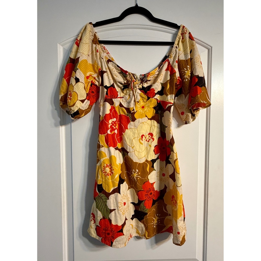 Billabong Floral Mini Dress Women Medium Yellow Orange Retro Boho Puff Sleeve